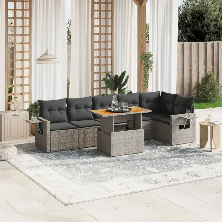 vidaXL Set de sofás de jardín 7 piezas con cojines ratán PE gris - 1