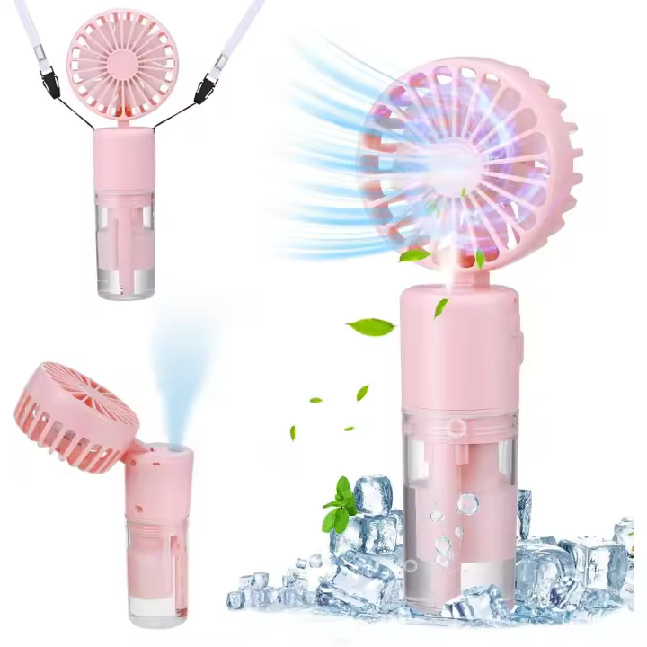 Ventilador de Mano, 4000mAh Tipo-C Recargable Ventilador Pequeño, 4 Velocidades Con 20ml de Agua de Enfriamiento en Spray para el Hogar Oficina Viajes al Aire Libre y Camping (Rosa) - 1