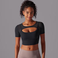 Camiseta de manga corta para Yoga, Top Sexy de Doble Capa, ropa de Malla empalmada, Sujetador Deportivo para correr y Fitness, Color sólido, Mujer - details 29