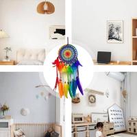 Atrapasueños para pared, adorno decorativo de plumas de arcoíris, hecho a mano, multiusos, para sala de estar y dormitorio. - details 4