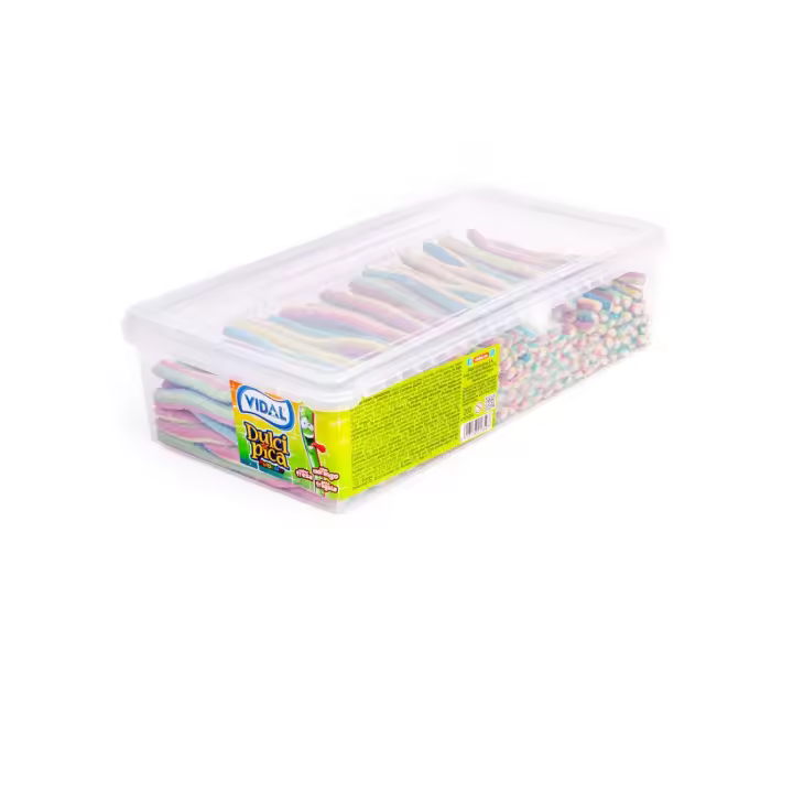 Vidal Dulcipica diferentes sabores en bandeja 1,4 Kg - Delicioso regaliz de golosina de intenso sabor a elegir entre: melocotón, melón, fresa, cola y multicolor relleno y con cobertura de polvos pica pica. - 1