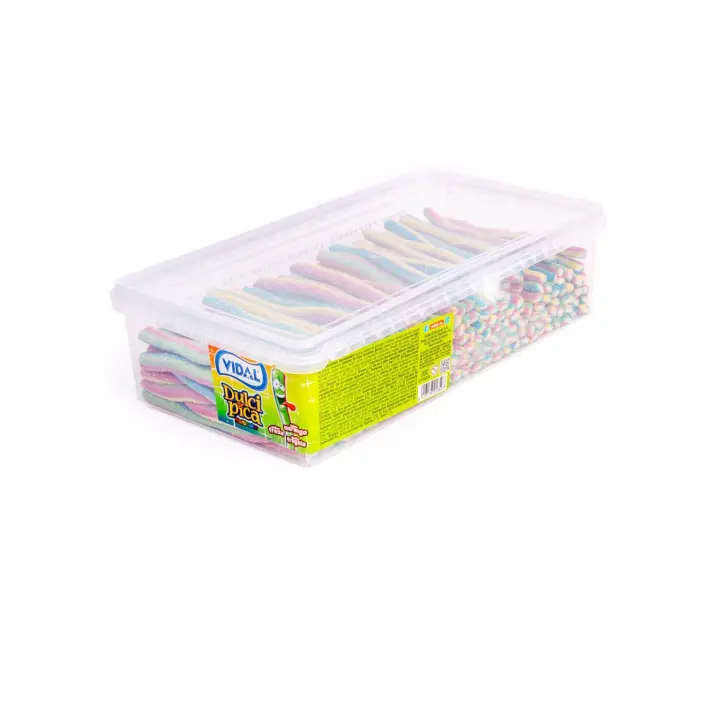 Vidal Dulcipica diferentes sabores en bandeja 1,4 Kg - Delicioso regaliz de golosina de intenso sabor a elegir entre: melocotón, melón, fresa, cola y multicolor relleno y con cobertura de polvos pica pica. - 1
