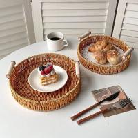 Bandeja De Alimentos De Plástico Tejida a Mano En Rattan Para Frutas Verduras Pasteles Forma Redonda Cesta De Almacenamiento Con Mango - details 6