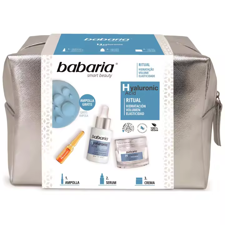 Babaria - Neceser Ritual Hialurónico: Incluye Crema Facial 50 ml + Sérum Facial 30 ml + Ampolla Facial 2 ml con Ácido Hialurónico, Hidrata y Revitaliza la Piel, Mejora el Volumen y la Elasticidad - 1