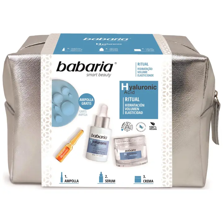 Babaria - Neceser Ritual Hialurónico: Incluye Crema Facial 50 ml + Sérum Facial 30 ml + Ampolla Facial 2 ml con Ácido Hialurónico, Hidrata y Revitaliza la Piel, Mejora el Volumen y la Elasticidad - 1