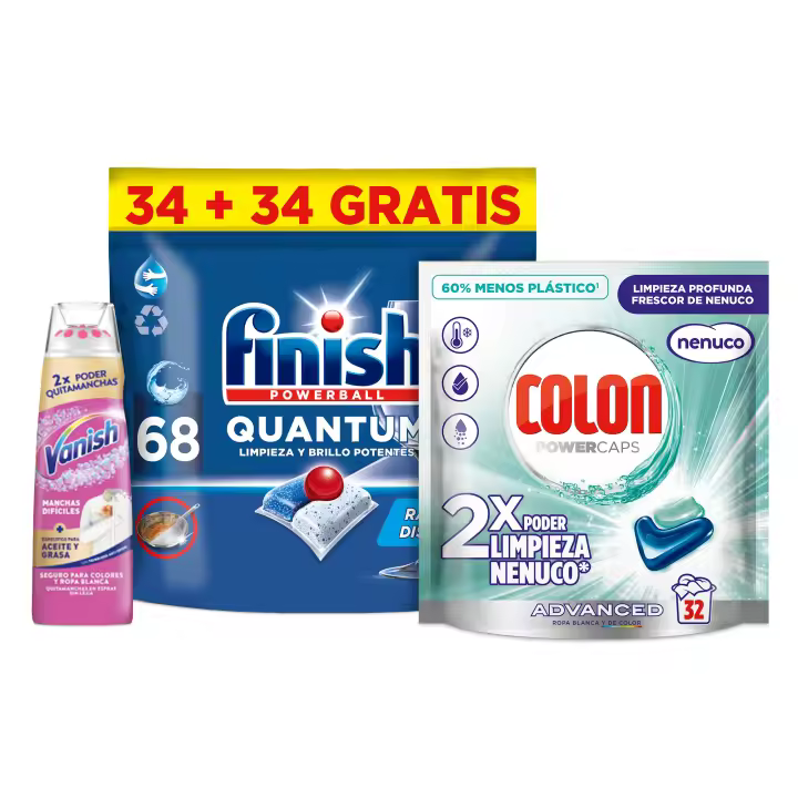Finish Quantum 68 pastillas + Colon Powercaps Nenuco 32 cápsulas + Vanish Powergel Quitamanchas 200 ml | Pack limpieza total para lavavajillas y ropa, frescor, antimanchas, brillo y eliminación de grasa - 1