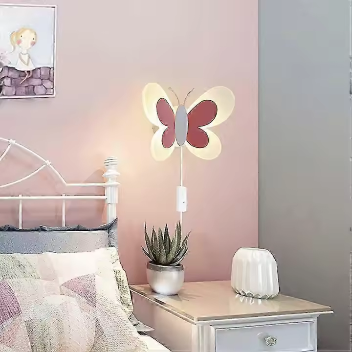 LED Children"s Wall Lamps with Switch Wall Lamps with Cable and Socket Dimmable Bedside Lamp Tricolour Nightlight Butterfly Lamp Pink Butterfly Lamp M - 1