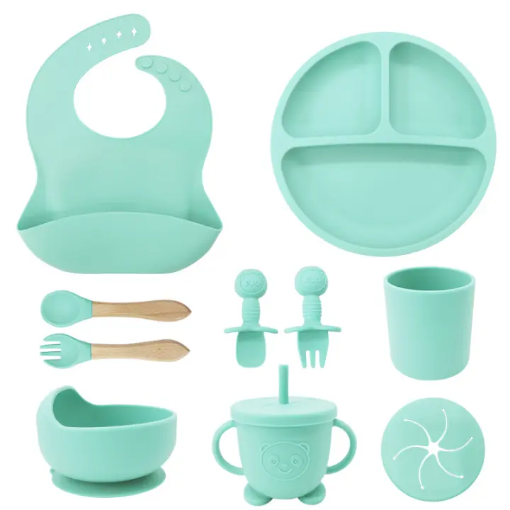 Vajilla de Bebé Silicona, 10 piezas de Vajilla Infantil, Cuadertos con Plato Sucker, Plato Bebe Ventosa,Tenedor con Mango De Madera, ，Bebe de silicona, Babero Set vajilla silicona Bebe - 1