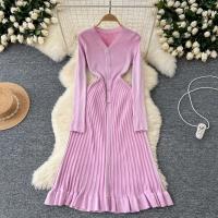 Vestido Largo Maxi Rosa Francés De Moda Con Volantes Y Cuello En V Para Mujer Abrigo De Invierno Estilo Oficina Lady - details 0