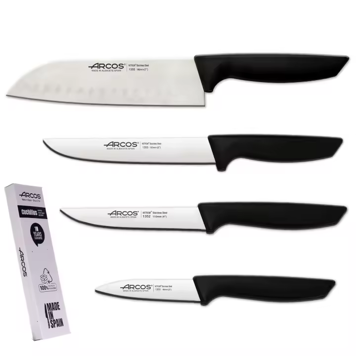 Arcos Juego Cuchillos Cocina  Set Cuchillos Pack Cuchillos Profesionales Cuchillos Cocina Profesional  Cuchillos Acero Inoxidable Mango Negro  utensilios de cocina  cuchillo japones Santoku  lavavajillas (4 Piezas)  Envase Ecologico - 1