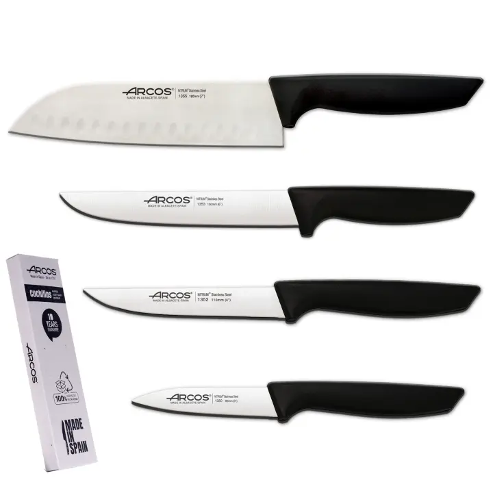 Arcos Juego Cuchillos Cocina  Set Cuchillos Pack Cuchillos Profesionales Cuchillos Cocina Profesional  Cuchillos Acero Inoxidable Mango Negro  utensilios de cocina  cuchillo japones Santoku  lavavajillas (4 Piezas)  Envase Ecologico - 1