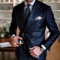 Traje Azul Oscuro Con Rayas Para Hombre 2 Piezas Chic Forma Elegante Doble Breasted Chaqueta Y Pantalón Slim Fit Traje De Noche Casual De Alta Calidad - details 3