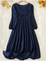 Vestido Midi Casual Para Mujer Con Cuello V Manga Lante Texturizado Frontal Cierre Vestido De Verano A-Line Estilo Suelto - details 1