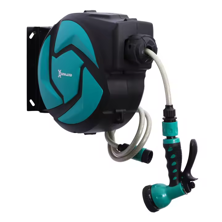 DURHAND Carrete para Manguera Retráctil 10m con Cabezal Multifuncional Sistema de Enrollado Automático con Bloqueo Conector de 1m para Jardín Césped 28x14x34 cm Negro y Verde - 1