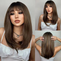 Pelucas Sintéticas De Encaje ALAN EATON Para Mujeres Rubia Con Mechas Marrón Y Corte Con Franja Peluca Larga Recta Ombre Heat Resistant - details 18