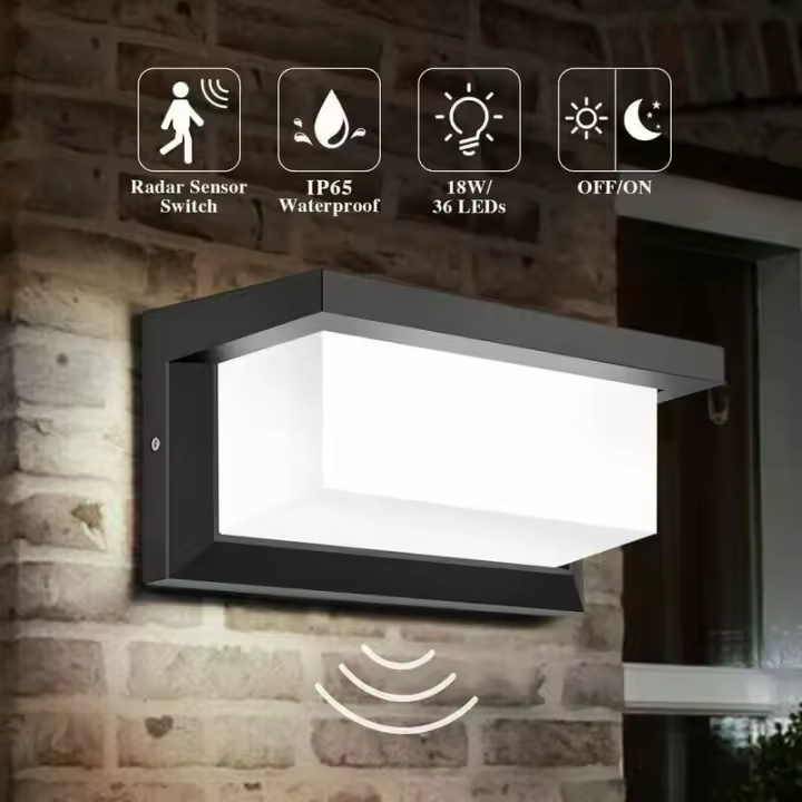 Luz de pared LED para Exterior con sensor de Movimiento, iluminación exterior de 18 W IP65, Luz de control de inducción de radar cuadrada impermeable para patio, balcón, Garaje, más alto (Blanco frío) - 1
