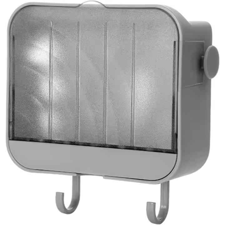 Jabonera montada en la pared con tapa abatible, caja de jabón a prueba de fugas con 2 ganchos, caja de jabón autoadhesiva bandeja de jabón de ducha para baños cocinas (gris) - 1