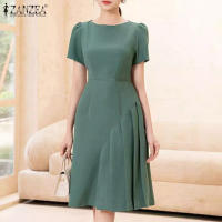 Vestido Elegante De Verano ZANZEA Para Mujer Con Manga Corta Vestido De Fiesta A-Line Solido Pleated Tratamiento De Cierre Pullover Estilo Oficina Lady - details 2