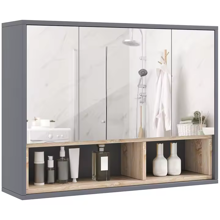 HOMCOM Mueble de baño con espejo, armario de pared, espejo de baño con almacenaje, armarios de 3 puertas y 8 compartimentos, dim. 80L x 20W x 60H cm, gris - 1