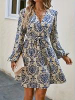 Vestido De Mujer Elegante Primavera Verano Con Cuello En V Manga Larga Estilo Casual De Mano Paisley Patrón Cinturado Longitud Rodilla - details 5