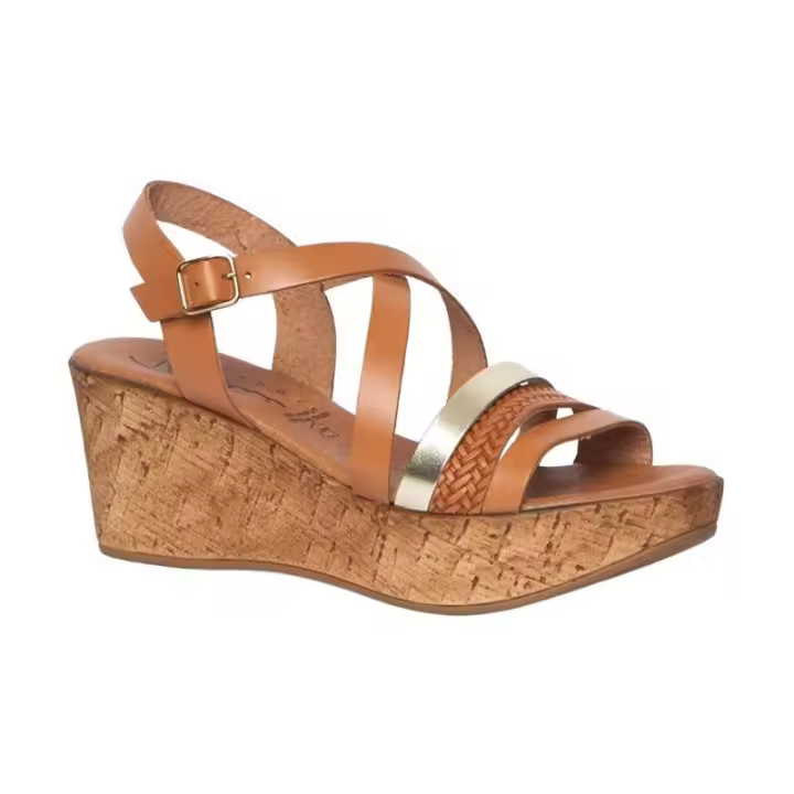 Sandalia Mujer Piel Cuña Alta Cuero. Referencia: R9031 Cuero Marca RODRI  Sandalia de piel cuero con tiras de diferentes tonos. Suela cuña alta con plataforma y planta de piel acolchada. Muy confortable - 1