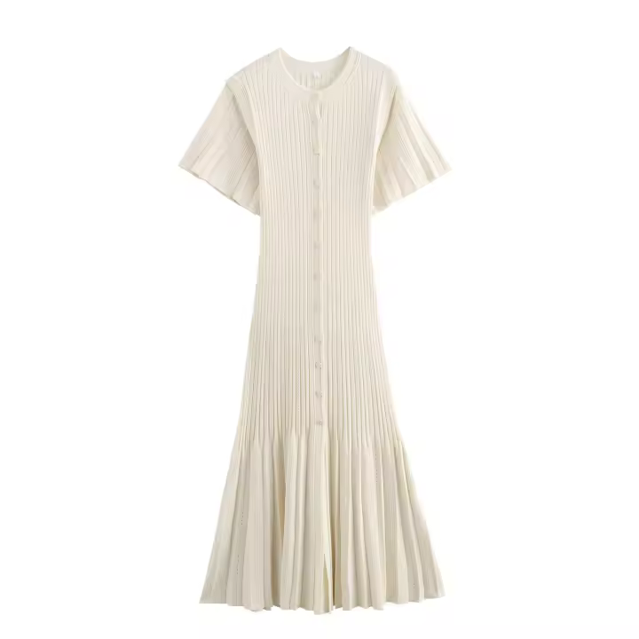 Vestido Tejido De Pescuezo Slimming Estilo Europeo Y Americano Nuevo Verano 2024 Cintura Delgada Hueco A-Line Manga Corta Cuello Redondo Streetwear Longitud Media Pierna Para Mujer - 1