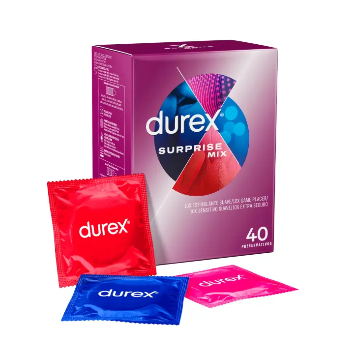 Durex - Preservativos Surprise Mix, 40 Condones Surtidos, Dame Placer, Sensitivo Suave, Extra Seguro y Estimulante Suave - 1