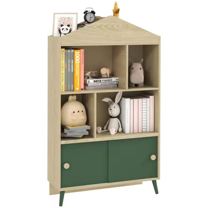 AIYAPLAY Estantería Infantil de Madera con 4 Compartimentos Librería Infantil con Estantes Abiertos y Armario para Habitación de Niños Sala de Juegos 80x30x140,5 cm - 1