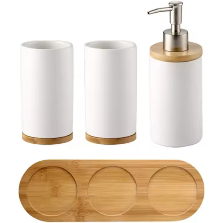 Juego de 4 accesorios de baño de cerámica, soporte para cepillo de dientes, dispensador de jabón, vaso y bandeja de bambú - 1