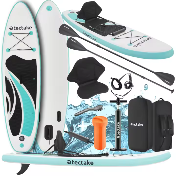 Tectake - Tabla de paddle surf, Hinchable 2 en 1, Set completo, Asiento Kayak, Stand Up Paddle, Accesorios Paddle Surf, Padel Surf Hinchable, Gran estabilidad, Correa de sujeción para el pie, Drop-Stitch para una máxima rigidez, Sistema de 3 aletas - 1