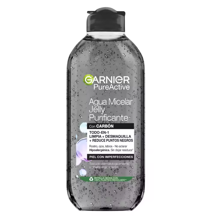 Garnier Pure Active Agua Micelar en Gel Purificante Jelly Water con Carbón y Ácido Salicílico. Reduce en un 44% las imperfecciones y en un 29% los puntos negros. *Resultados clínicamente probados y visibles en 1 semana - 400 ML - 1