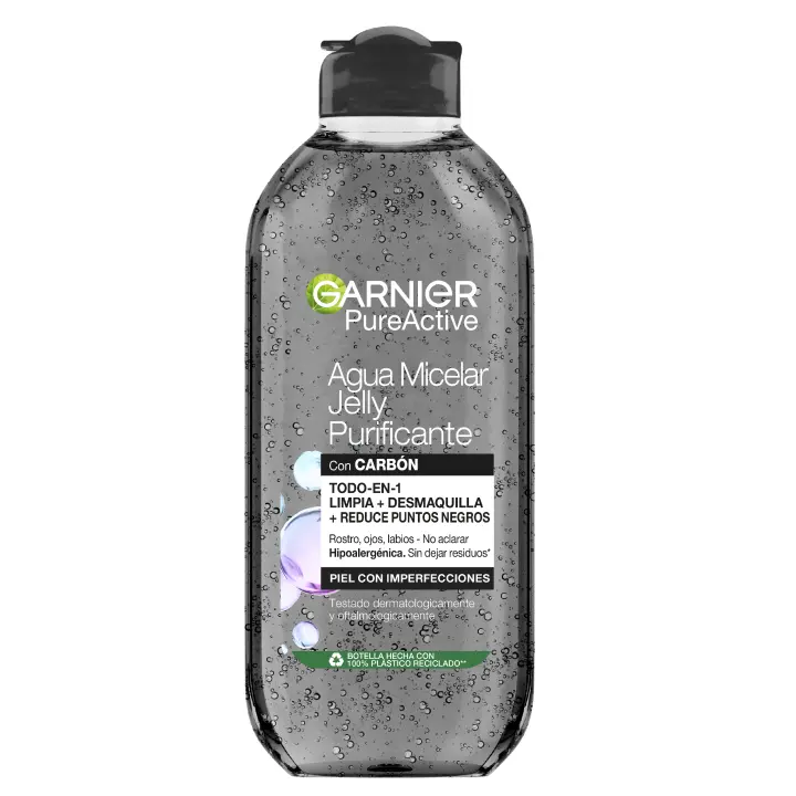 Garnier Pure Active Agua Micelar en Gel Purificante Jelly Water con Carbón y Ácido Salicílico. Reduce en un 44% las imperfecciones y en un 29% los puntos negros. *Resultados clínicamente probados y visibles en 1 semana - 400 ML - 1