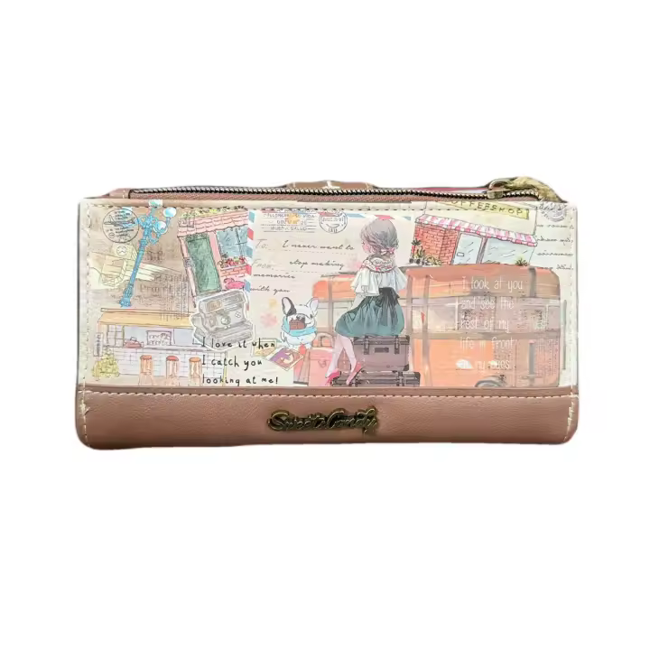 -Cartera de mujer con dibujo de muñeca con cremallera y cierre RFID, con varios ranuras de tarjeta, con medida de 18.5*10*2.5cm - 1