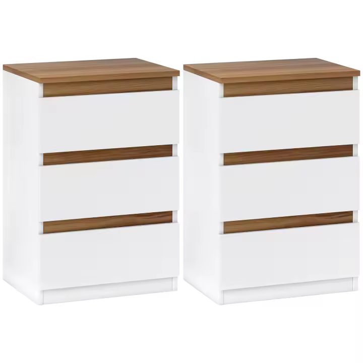 HOMCOM Pack de 2 Mesitas de Noche Mesillas de Noche Dormitorio Estrechas con 3 Cajones Estilo Moderno 40x30x59,5 cm Blanco - 1