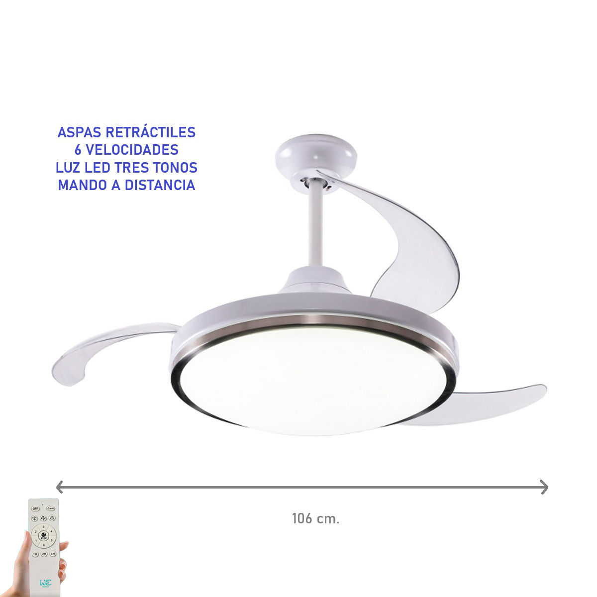 VENTILADOR PARA TECHO "WE HOME" CON ASPAS RETRÁCTILES, LUZ Y MANDO A DISTANCIA