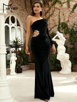 Vestido De Noche Elegante De Veludo Negro Con Diamantes Y Hombro Solo Para Mujer Vestido Slim Para Fiesta De Premiación Y Eventos Elegantes - details 7