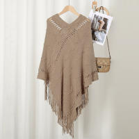 Poncho De Punto Con Borlas Para Mujer Color Sólido Elegante Mantel Suelto Para Primavera Otoño Manta De Cuello Para Mantenerse Caliente Estilo Casual - details 3