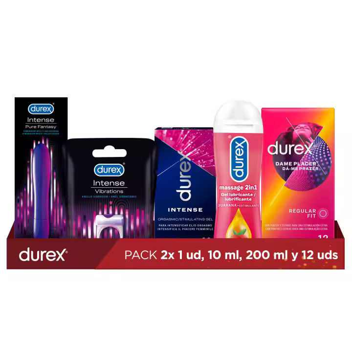 Durex Pack Vibrador Pure Fantasy + Anillo Vibrador + Gel Intense Orgasmic + Lubricante Play Massage + Preservativos Dame Placer - 1