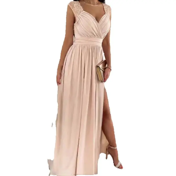 Mujeres color sólido una línea Delgada V Cuello sin Mangas encaje patchwork backless split Maxi Vestido Largo - 1