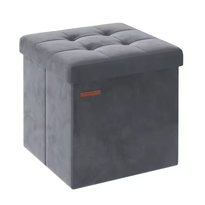 SONGMICS Puff Almacenaje, Banco de Almacenamiento de Terciopelo Plegable, Taburete Reposapiés, 38 x 38 x 38 cm, Carga de 300 kg, para Entrada, Sala de Estar, Dormitorio, Gris Pizarra/Blanco Crema/Gris Paloma/Rosa Jalea - 1