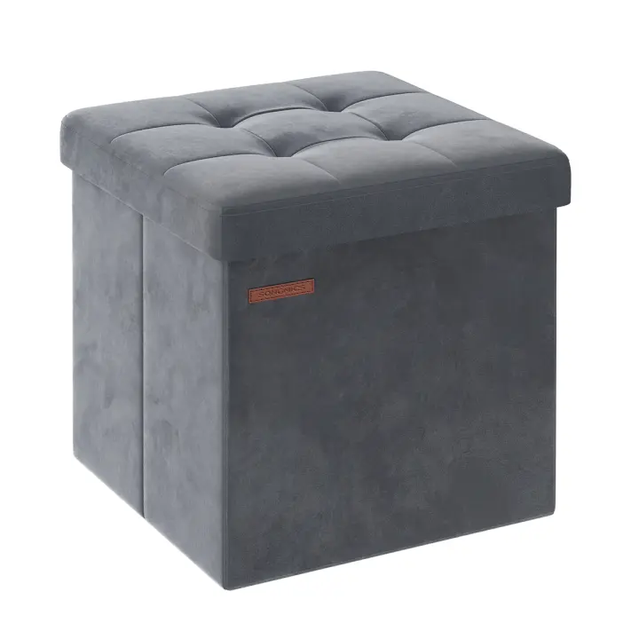 SONGMICS Puff Almacenaje, Banco de Almacenamiento de Terciopelo Plegable, Taburete Reposapiés, 38 x 38 x 38 cm, Carga de 300 kg, para Entrada, Sala de Estar, Dormitorio, Gris Pizarra/Blanco Crema/Gris Paloma/Rosa Jalea - 1