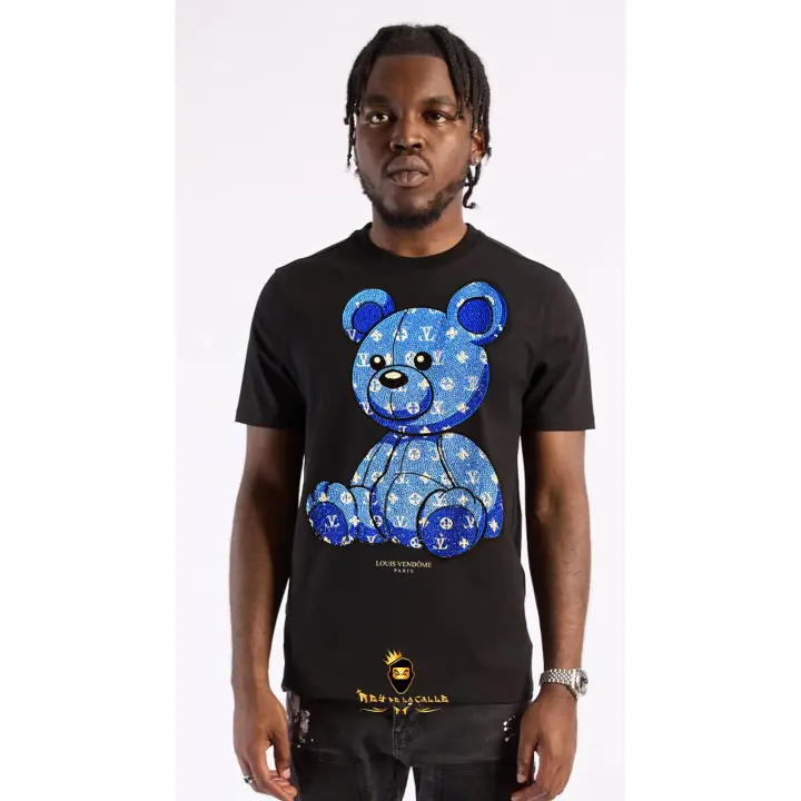 Camiseta Louis V Negra Pedrería Brillante Oso Azul - 1