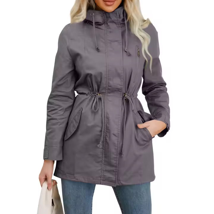 Abrigo De Trench De Algodón Para Mujer plus Talla Con Capucha Estilo Casual Cierre De Cremallera Manga Larga Color Sólido Para Otoño E Invierno - 1