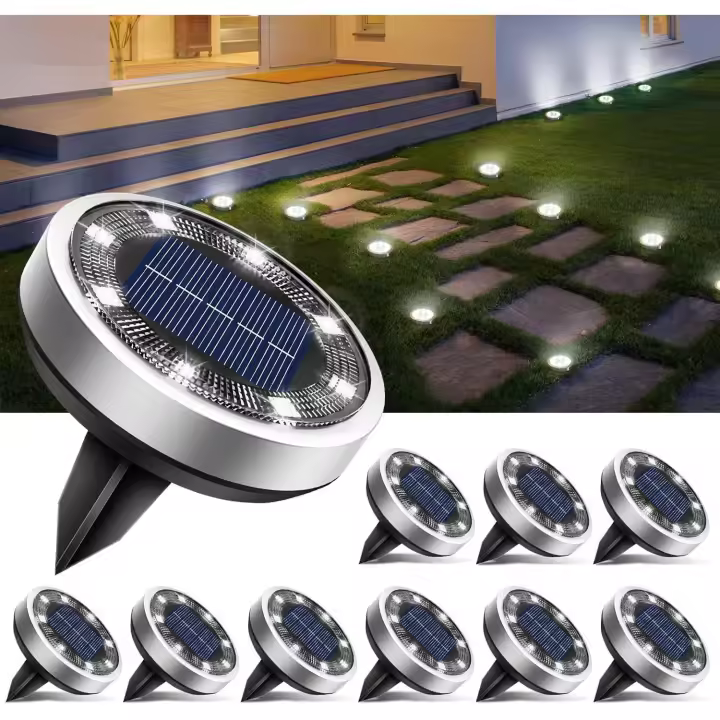 2 Paquetes Luces Solares LED Exterior Jardin Suelo, 8 LED Luz Solar Exterior Jardin, IP65 Impermeable Lamparas Solares Camino, Césped, Patio (Blanco Cálido) - 1