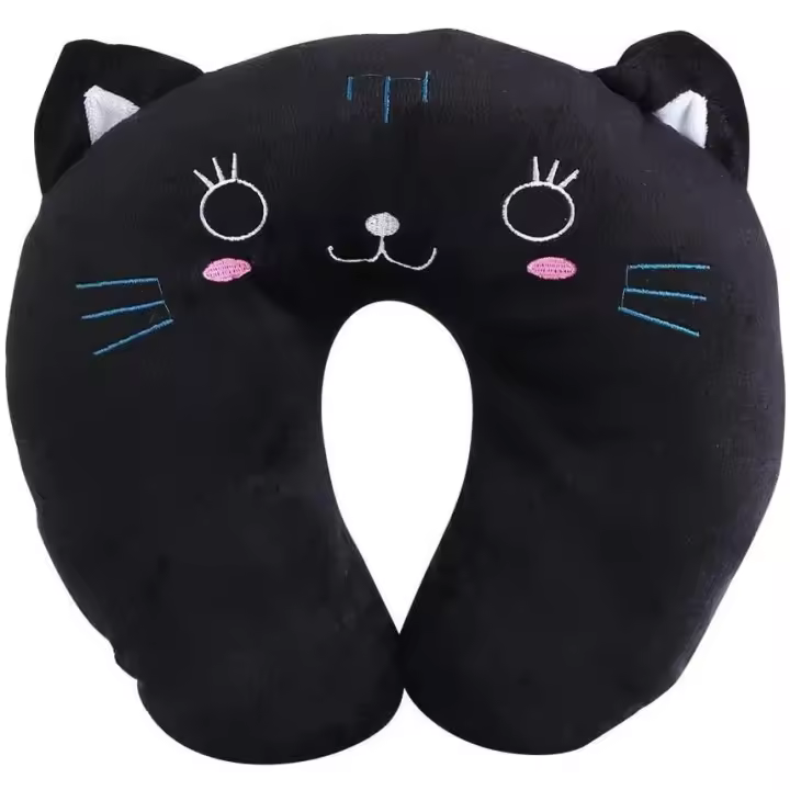 Almohada de viaje - Almohada cervical de viaje de algodón PP con forma de animal, cojín suave en forma de U, reposacabezas para coche, juguete de gato negro - 1
