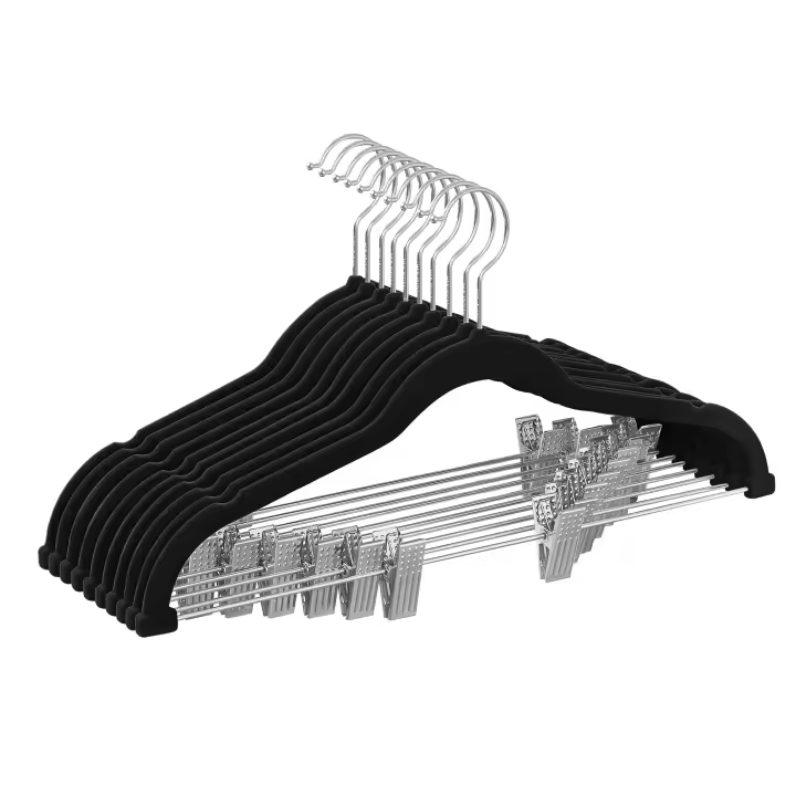 SONGMICS Perchas para Pantalones, 10 Perchas de Terciopelo, 42,5 cm de Largo, con Clips Ajustables, Antideslizantes, Ahorra Espacio, para Pantalones, Abrigos, Vestidos, Negro/Blanco - 1