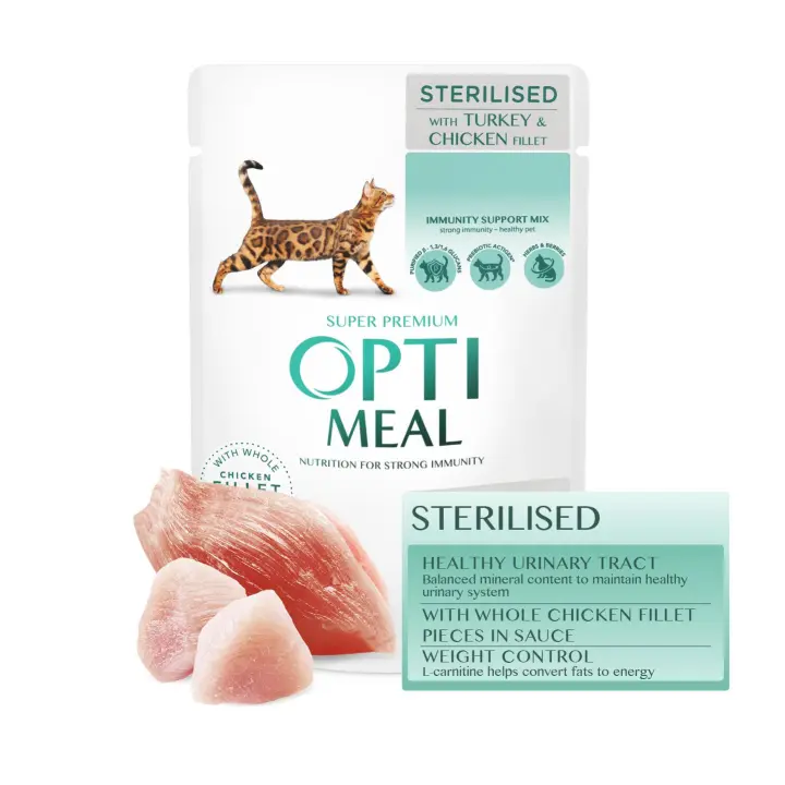 Comida húmeda para gatos adultos esterilizados OPTIMEAL con pavo y filete de pollo en salsa - Pack 12 x 85g - Nutrición Súper Premium para una Mascota Saludable - 1