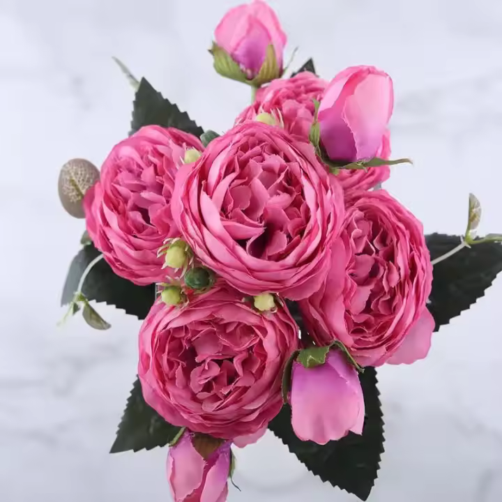 Bouquet De Flores Artificiales De Seda Rosa Púrpura 30cm 5 Cabezas Grandes Para Decoración De Boda Y Fiesta - 1