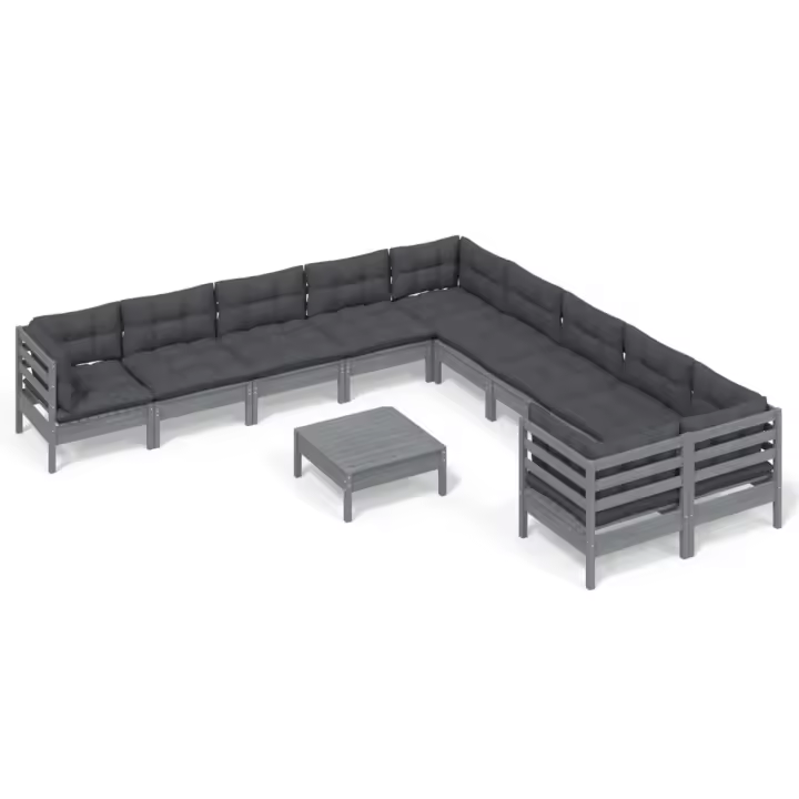 vidaXL Muebles de jardín 11 pzas y cojines gris madera de pino - 1