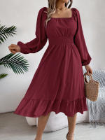 Vestido A-Line De Mujer Elegante Otoño Invierno Color Sólido Cuello Cuadrado Manga Larga Volantes Vestido Midi Casual Polyester Spandex - details 6